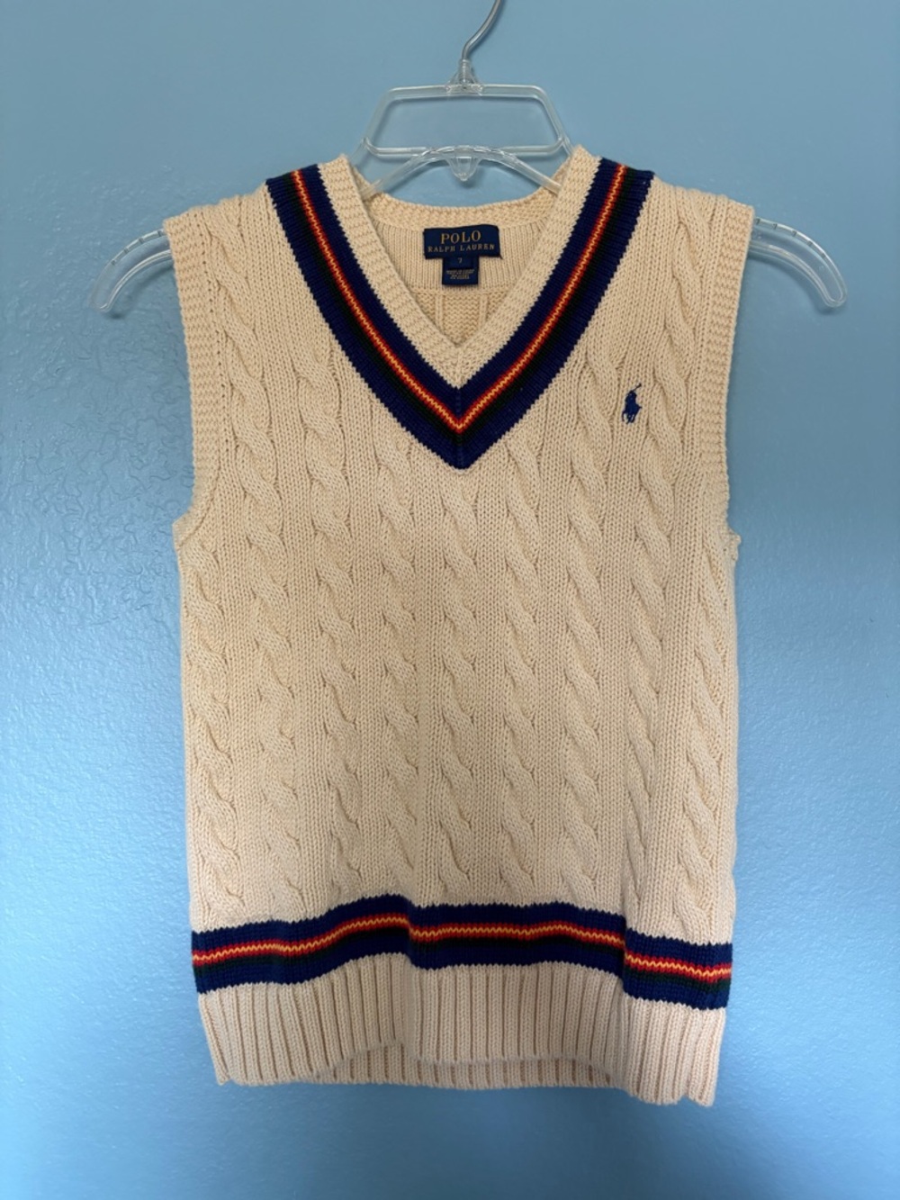 Boy’s Polo by Ralph Lauren Cream Cable Knit V-Neck Sweater Vest